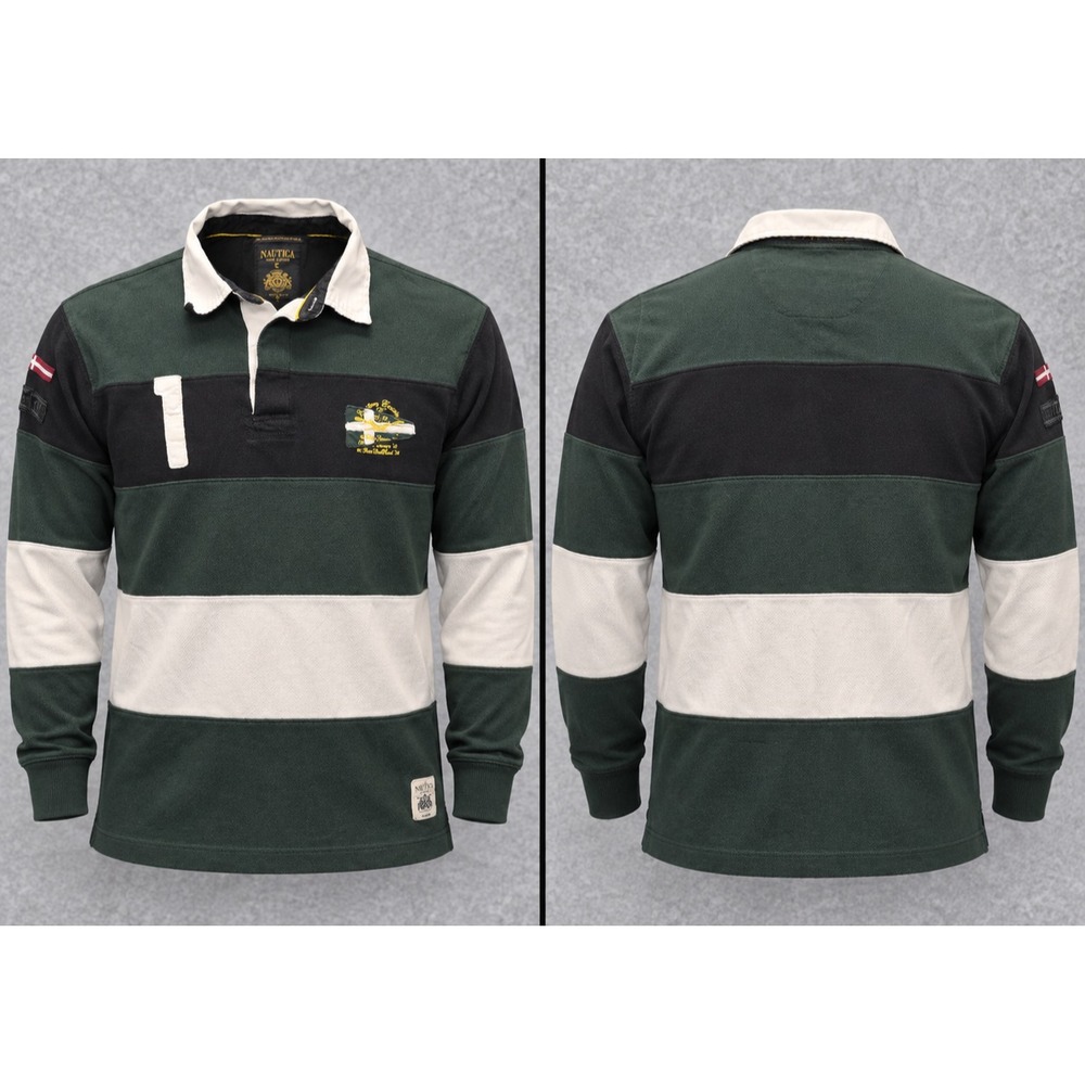 Nautica Rugby Polo Mens L Green Black Colorblock Long Sleeve Heavyweight Shirt